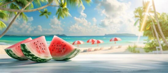 Watermelon slices on a white table surface with a blurred backdrop of a sandy tropical beach and blue sky Sun umbrellas are visible in the distance There is empty copyspace for products and food adve