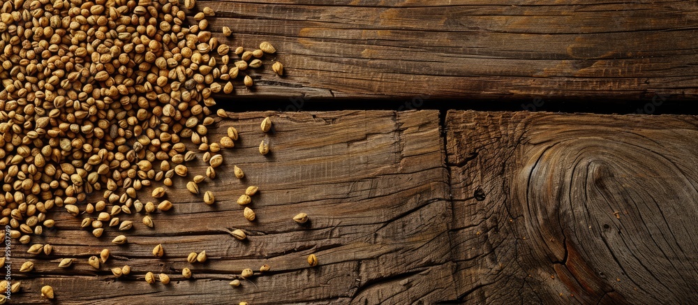 Poster fenugreek seeds set against a wooden background. copy space image. place for adding text and design