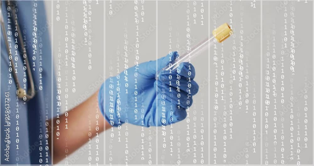 Poster gloved hand holding test tube over binary code animation