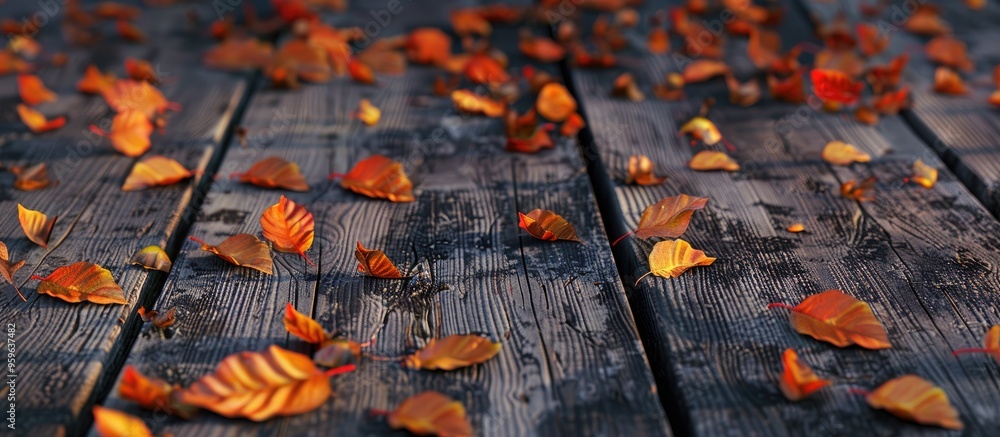 Poster autumn leaves on wooden planks autumn backdrop. copy space image. place for adding text and design