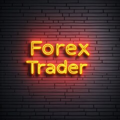 Neon sign featuring the words 'Forex Trader' on a textured brick background, representing finance and trading culture.