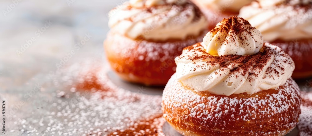 Poster homemade sweets red bean paste in a donut topped with cinnamon powder and cream. copy space image. p
