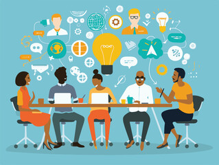 diverse of professionals brainstorming ideas, flat vector illustration