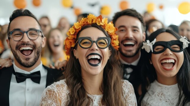 A group of people in costumes at a Halloween party, spooky fun