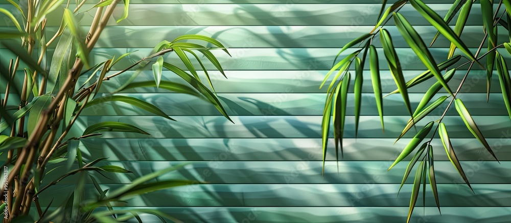 Poster bamboo leaves picture on a patterned set of blinds. copy space image. place for adding text and desi