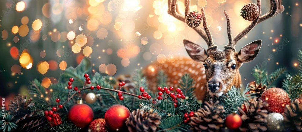 Poster christmas card featuring a deer and festive decorations. copy space image. place for adding text and