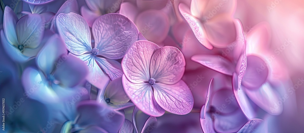 Poster close up macro of light green to purple hydrangea flower. copy space image. place for adding text an