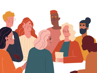 diverse of professionals brainstorming ideas, flat vector illustration