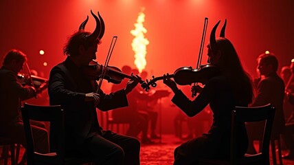 Fototapeta premium violin concert scene black and red shades sitting devils pronounced detailing plays the violin against the background of a light fire orchestra