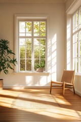 Fototapeta premium Sunlit Modern Interior with Large Windows, Wooden Floor, and Cozy Chair in a Bright Living Room