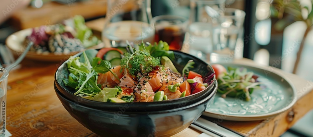 Poster close up of a restaurant table featuring a tuna salad bowl accompanied by various lettuce and vegeta