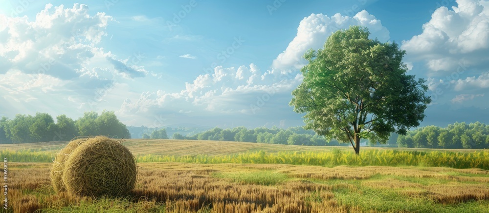 Poster summer countryside scene featuring a field and hay. copy space image. place for adding text and desi