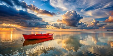 Red boat floating on water with cloudy sky and sunset in the distance