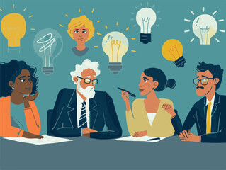 diverse of professionals brainstorming ideas, flat vector illustration