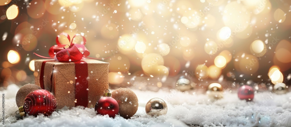 Poster gift box and baubles on snow with a shimmering bokeh background. copy space image. place for adding 