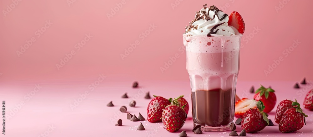 Poster strawberry chocolate and vanilla milkshake topped with whipped cream on a pink background space for 