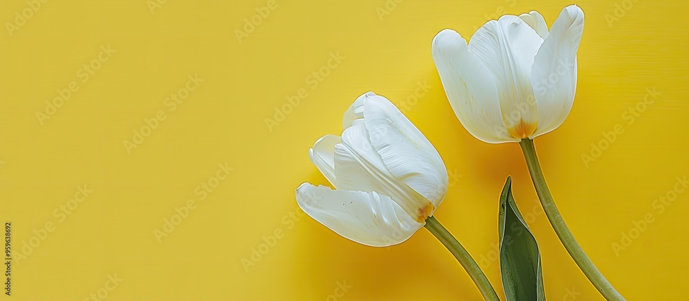 Poster two white tulip blooms on a yellow backdrop with a white border ample copyspace spring optimistic th