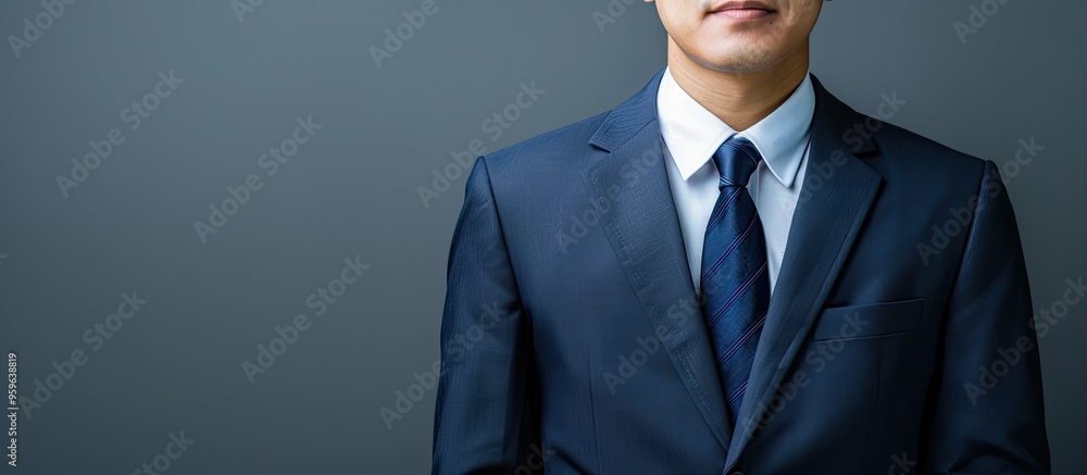 Poster portrait of an experienced asian businessman set against a gray background. copy space image. place 