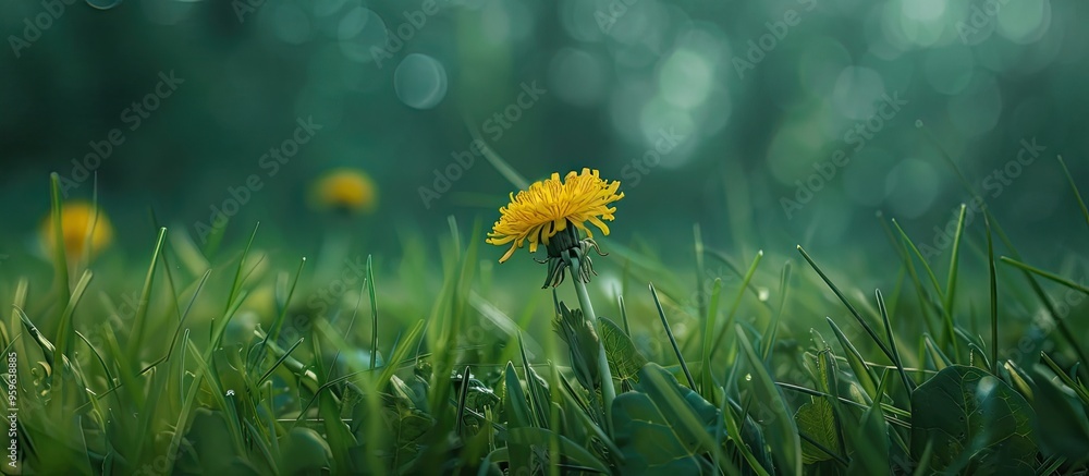 Poster yellow dandelion among the grass. copy space image. place for adding text and design
