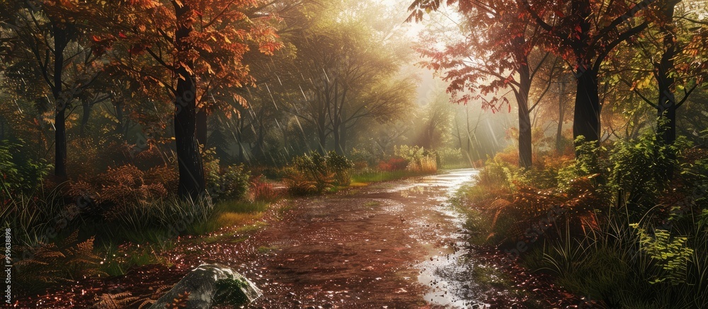 Poster a wide angle view of a trail through the lush rainy forest in autumn. copy space image. place for ad
