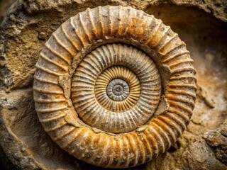 A photo image of a gently weathered ammonite fossil, twisted into a spiral shape, with subtle cracks and crevices visible