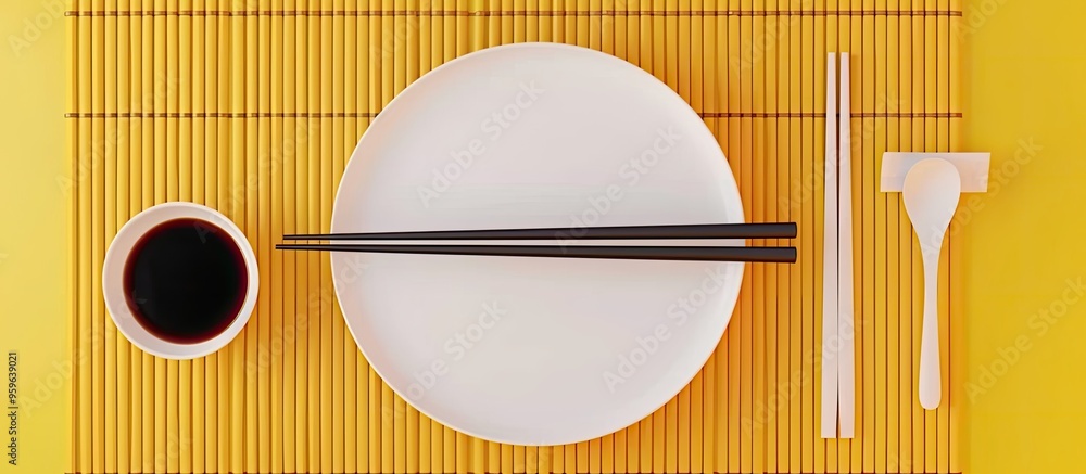 Canvas Prints Empty white oval plate with chopsticks for sushi along with soy sauce and ginger set on a yellow bamboo mat background Top view with copyspace for your design