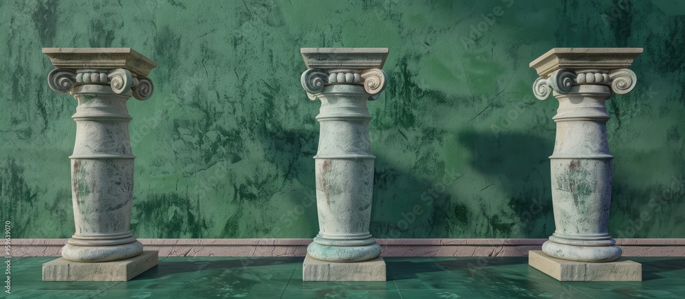 Aufkleber decorative stone pedestals on a green backdrop. copy space image. place for adding text and design