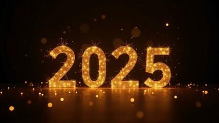 golden glittering 2025 text on dark festive background, greeting card, christmas and new year celebration, holiday season, sparkling light.