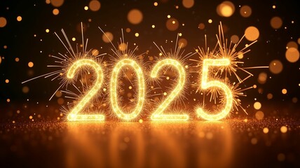 golden glittering 2025 text on dark festive background, greeting card, christmas and new year celebration, holiday season, sparkling light.