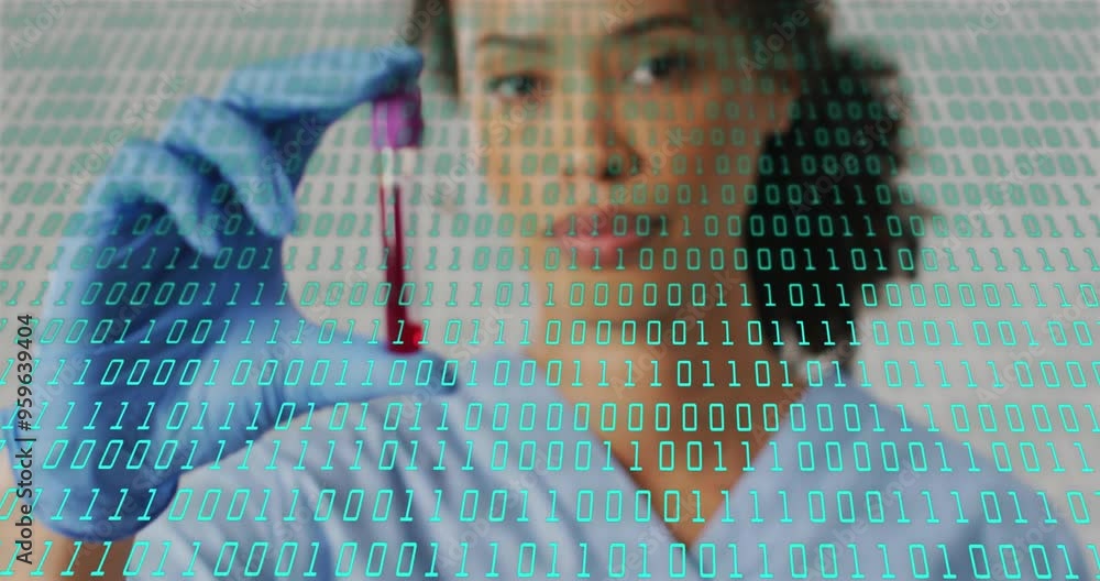 Aufkleber scientist holding test tube with binary coding over laboratory animation