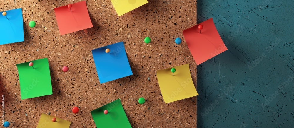 Poster cork board featuring multiple vibrant blank notes with pins. copy space image. place for adding text