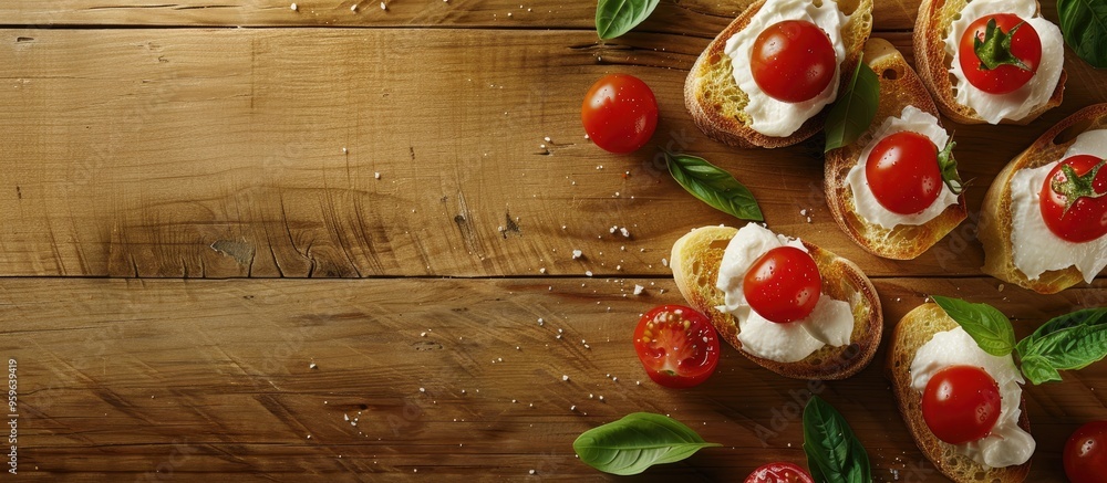 Poster bruschetta featuring cream cheese cherry tomatoes and basil on a wooden surface. copy space image. p