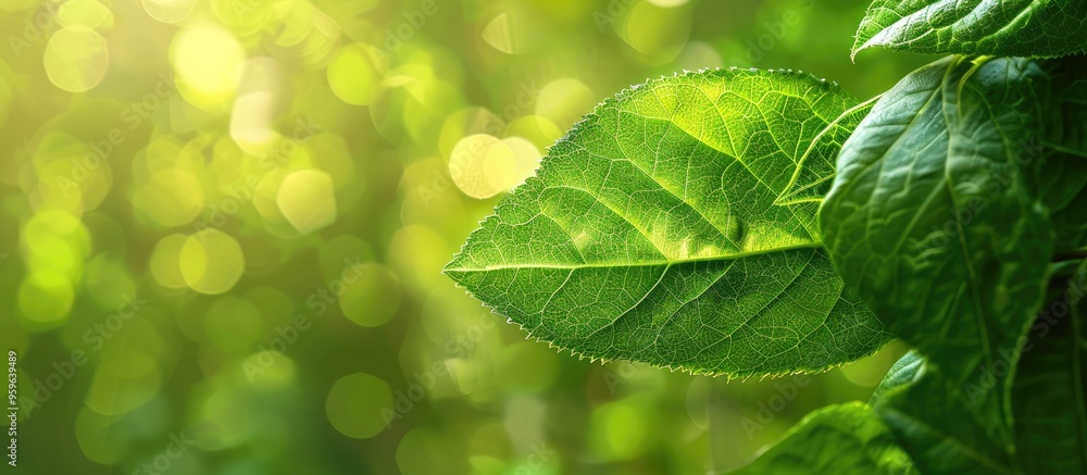 Poster close up view of a green leaf against a blurred green backdrop. copy space image. place for adding t