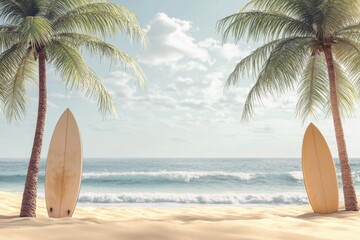 Summer beach scene with palm trees and surfboards
