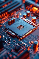Fototapeta premium Close-up of a Modern Computer Motherboard with Glowing Circuitry and Components
