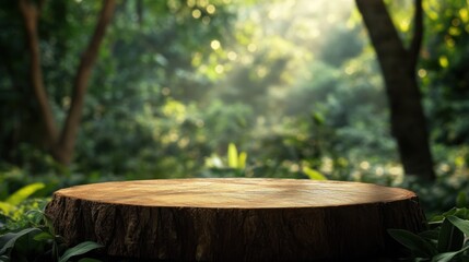 Wooden podium in nature background for product display.