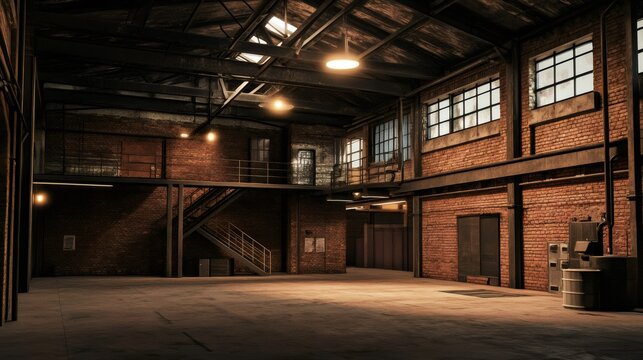 An empty interior of an old factory with brick walls, a steel staircase, and a light shining through a skylight.
