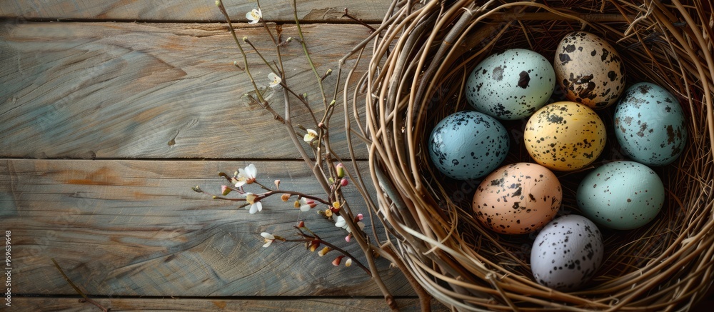 Poster flat lay arrangement of a wicker nest featuring painted easter eggs and pussy willow on a wooden tab