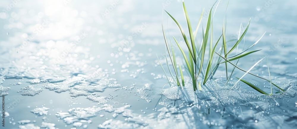 Poster grass in the ice on the lake. copy space image. place for adding text and design