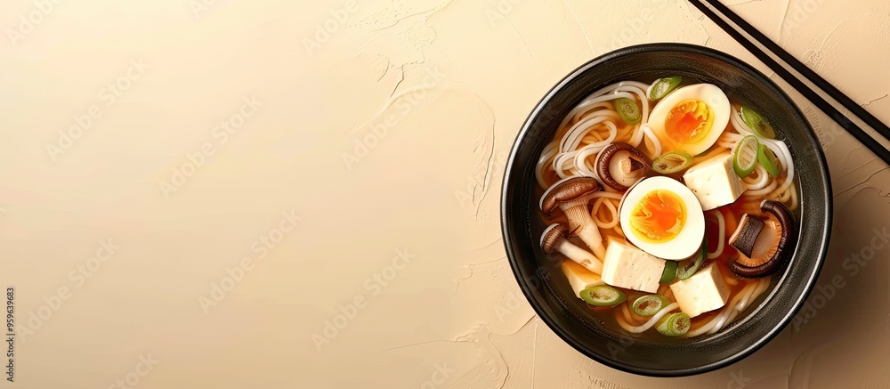 Poster japanese vegetarian broth prepared with mushrooms tofu and leek. copy space image. place for adding 