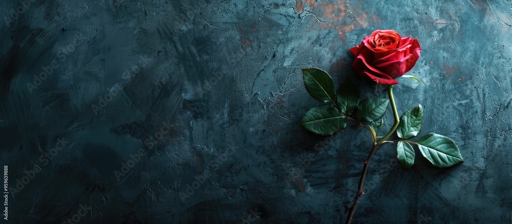 Poster a single beautiful red rose against a dark background. copy space image. place for adding text and d