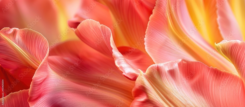 Poster close up macro shot of a pink and yellow spring tulip focusing on the flower petals. copy space imag