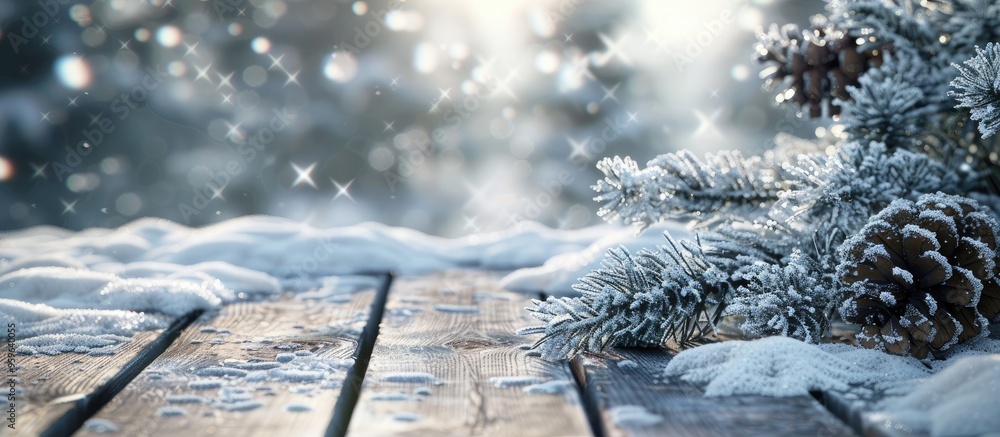 Poster christmas backdrop featuring snow and an old wooden plank covered in snow a white snowy branch of co