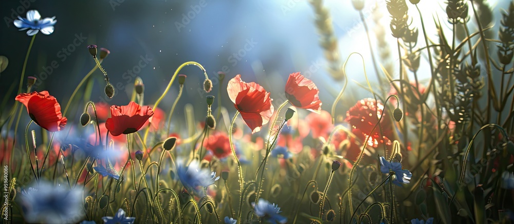 Poster close up of poppies and cornflowers in a field backlit. copy space image. place for adding text and 