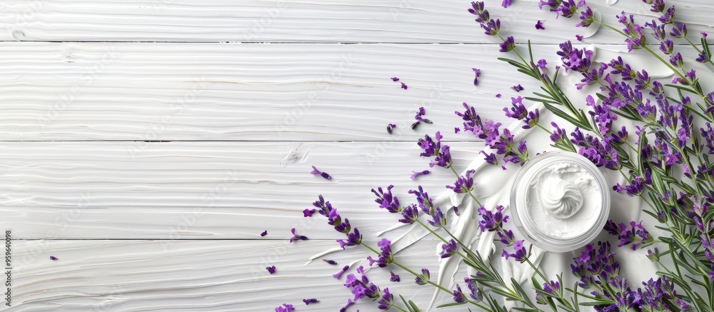 Poster cosmetic products featuring lavender and thyme leaves on a white wooden table background. copy space