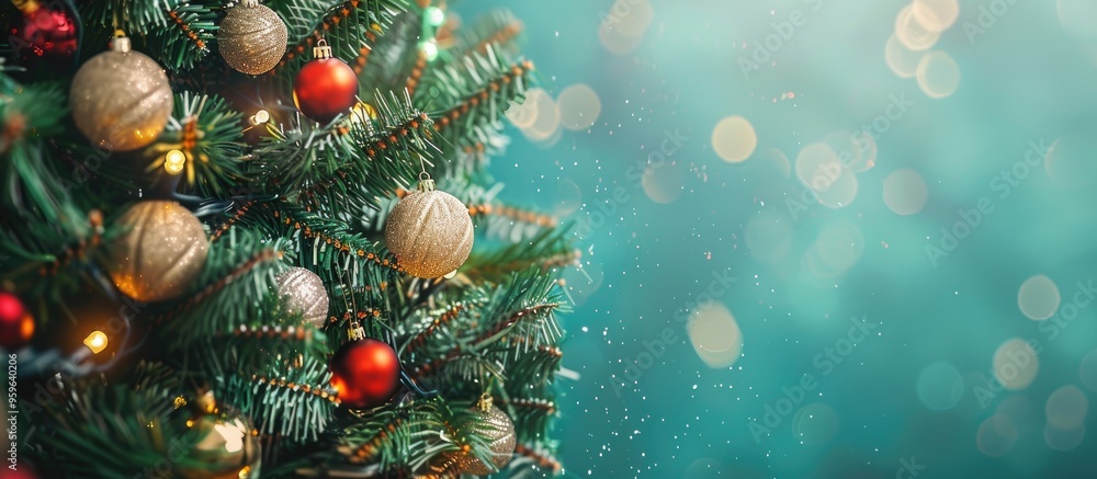 Poster christmas tree adorned with ornaments. copy space image. place for adding text and design