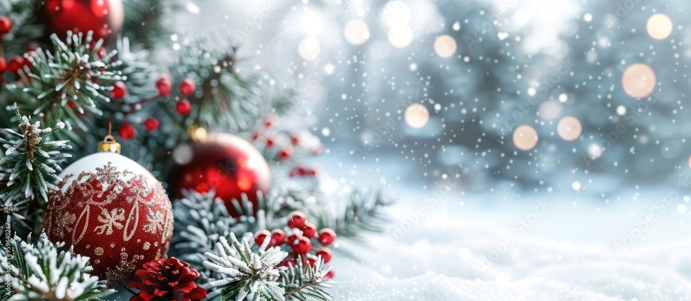 Poster beautiful christmas decorations set against a snowy background. copy space image. place for adding t