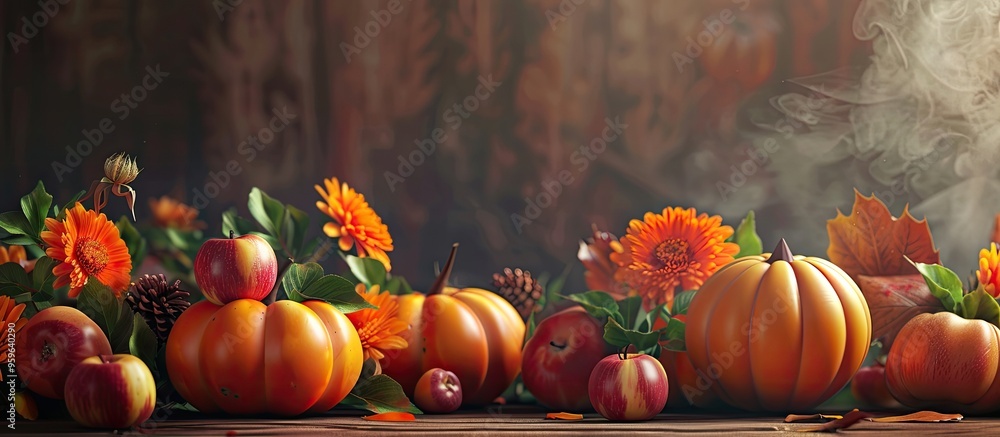 Wall mural Autumn or Thanksgiving arrangement featuring pumpkins and apples. Copy space image. Place for adding text and design