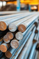 Close-Up of Industrial Metal Rods Stacked in a Warehouse with Blurred Background