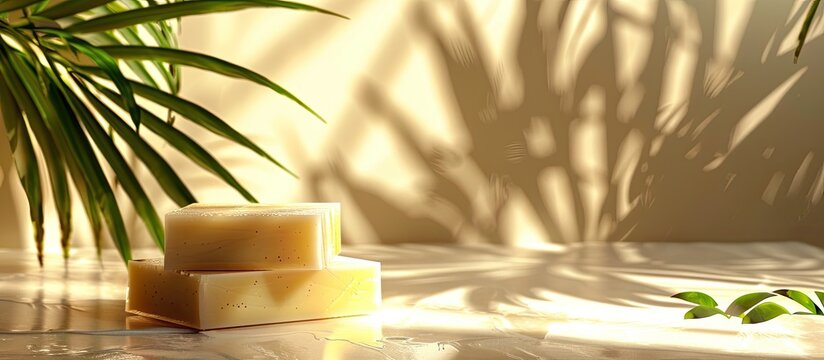 Natural handcrafted soap bars Subtle background shadows of palm leaves Copyspace for showcasing spa products and services